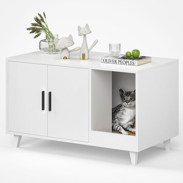 English Elm STARY Hidden Cat Litter Box Enclosure Furniture with Scratch Pad, Odor-Control, Sturdy 120LB Load White T3623P339383