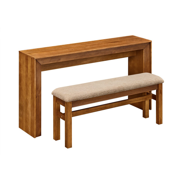 English Elm Fluted Counter Height Dining Set Narrow Bar Console with Upholstered Stool Retro Wood Brown W1202P330888
