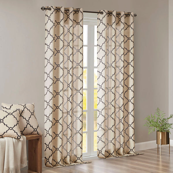JLA Home Madison Park - Fretwork Cotton-Blend Grommet Top Curtain Panel — Textured Basket Weave, Light-Filtering, Modern Flair Khaki/Black MP40-2410