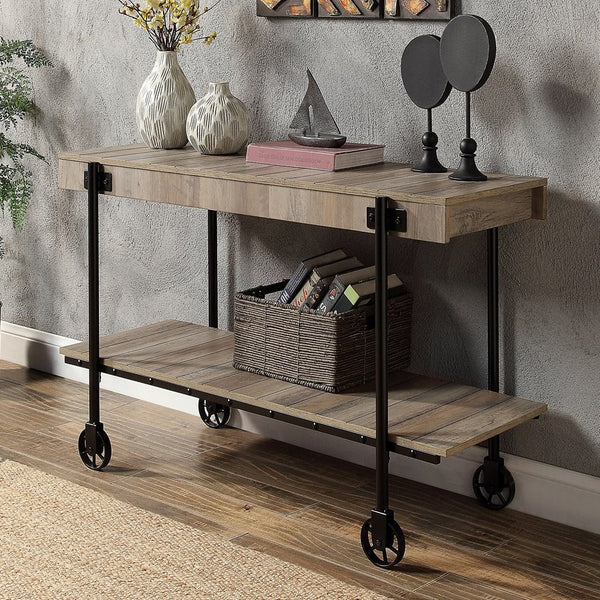 English Elm Industrial Slat Sofa Table with Natural Tone Top, Black Metal Frame, Open Shelf & Wheel Legs - 47" B011P214571