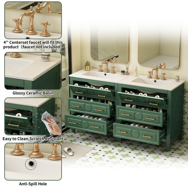 English Elm 60'' Freestanding Bathroom Vanity With Ceramic Sink, Charming Green Finish & Ample Storage Space N710SS00003F