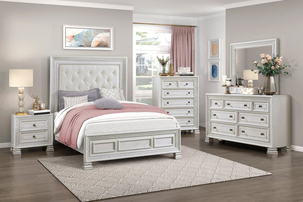 English Elm Classic Pearl White Tufted King Bed Carved Molding Ash Veneer Mansion Headboard B011S01410