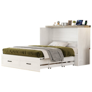 English Elm Queen Farmhouse Murphy Cabinet Bed with Charging Station and Storage Drawer White N733S361778W