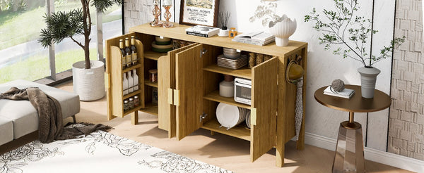 English Elm U_style Striped Four Door Sideboard Mdf Buffet Cabinet with Adjustable Shelves for Dining Natural N711P345170O