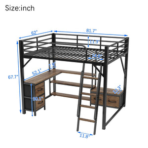 English Elm Queen Size Loft Bed With Desk & Led Lighting - Stylish Metal Bed With Storage & Workstation For Small Spaces W2593S00041-GIGA