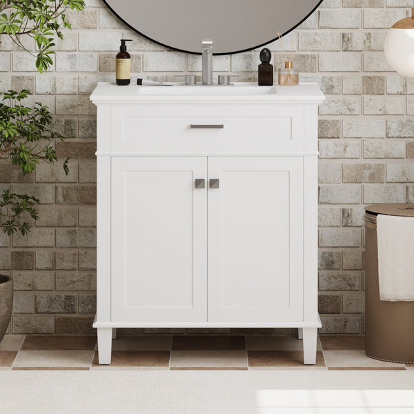 English Elm 30-inch bathroom vanity with ceramic basin, solid wood frame, soft-close doors and adjustable shelves for organized style and lasting durability White N729P173380K