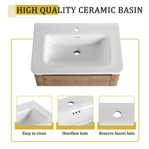 English Elm 52'' Wall-Mounted Vanity with White Ceramic Sink, Soft-Close Door, Plywood Shelves & Rounded Edges Imitative Oak W999S00431