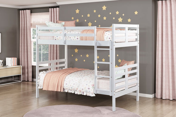 English Elm Twin Twin-over-Twin Bunk Bed with Guard Rails and Integrated Ladder, Oak-Veneer Durable Frame, Space-Saving Design White 44 L x 34.5 W x 7 H B011S01857