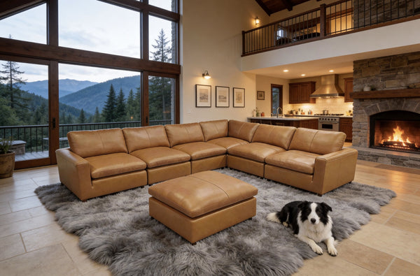 English Elm Leather Match Modular Sectional Sofa with Top Grain Upholstery for Open Living Rooms Ginger B2748S00165