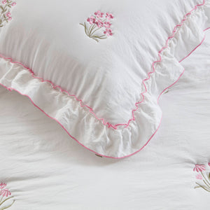 English Elm 2-piece Floral Embroidered Twin Quilt Set Romantic Ruffled Border Soft Down Alternative Fill White+Pink B035P463191