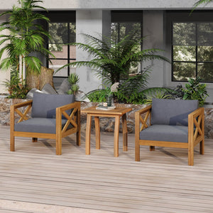 English Elm Christopher Knight Home® - Patio Conversation Set - 3-Piece Outdoor Acacia Wood Chairs & End Table With Dark Grey Cushions N770P264304G_57501.00ACA