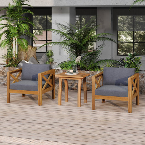 English Elm Christopher Knight Home® - Patio Conversation Set - 3-Piece Outdoor Acacia Wood Chairs & End Table With Dark Grey Cushions N770P264304G_57501.00ACA