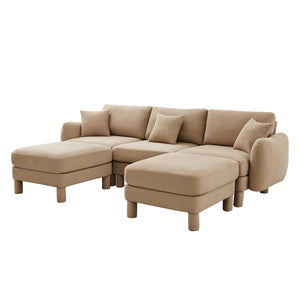 English Elm Boucle U-Shape 3-Seater Sectional Sofa With Shell Armrests & Movable Ottomans - Coffee Color Comfort W3041S00286