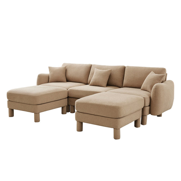 English Elm Boucle U-Shape 3-Seater Sectional Sofa With Shell Armrests & Movable Ottomans - Coffee Color Comfort W3041S00286