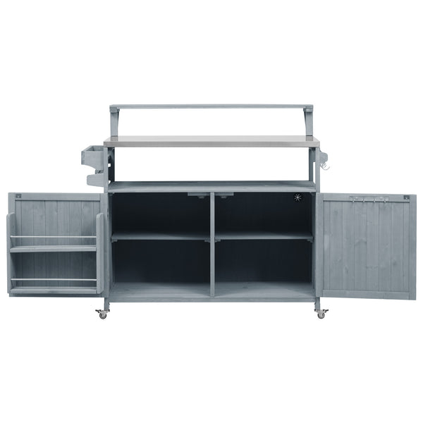 English Elm K&K 53.3" Outdoor Kitchen Island with 1.2" Stainless Top, Spacious Storage, Raised Shelf, Wheels Grey+Blue N707P250628G