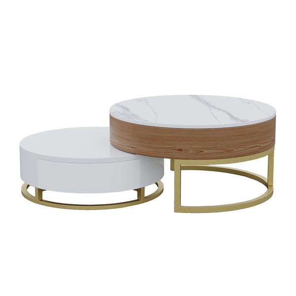 English Elm Dolce Round Lift-Top Wood Coffee Table with Convertible Heights and Sturdy Iron Frame, Modern Chic White B341S00042