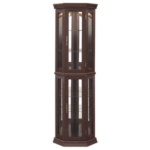 English Elm Lighted Corner Curio Cabinet - Elegant Glass Display With Adjustable Shelves & Ambient Lighting - Dark Cherry W1758P300130