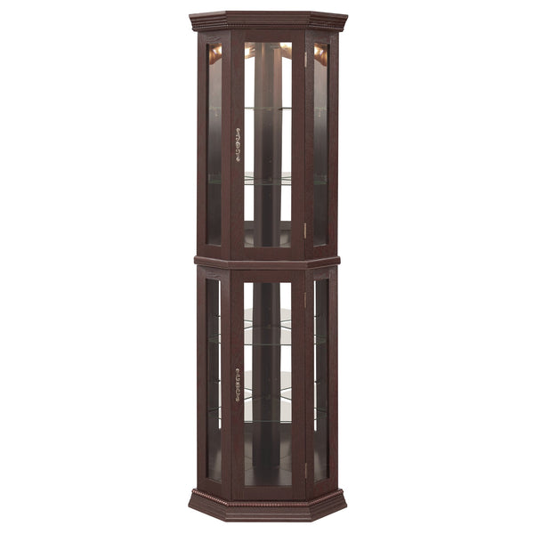 English Elm Lighted Corner Curio Cabinet - Elegant Glass Display With Adjustable Shelves & Ambient Lighting - Dark Cherry W1758P300130