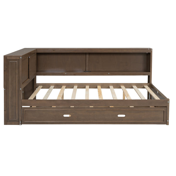 English Elm Full Pine Daybed with Trundle Sliding Storage Shelves Led Lighting and Usb Charging Wood GX004003AAD