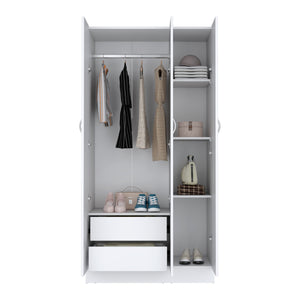 English Elm Ohio Armoire Wardrobe with 3 Doors, 2 Drawers & 4-Tier Shelves — Spacious Storage, Sturdy Handles, Organized Style White 74 L x 23 W x 2 H B070S00206
