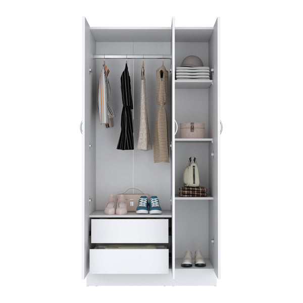 English Elm Ohio Armoire Wardrobe with 3 Doors, 2 Drawers & 4-Tier Shelves — Spacious Storage, Sturdy Handles, Organized Style White 74 L x 23 W x 2 H B070S00206