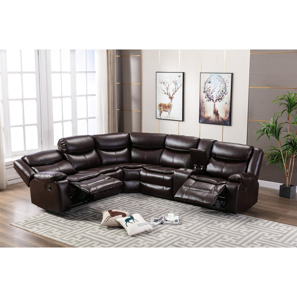 English Elm L Leather Power Reclining Sectional Sofa with USB Ports, Storage Console, Breathable Seating for 5 Brown W791S00001