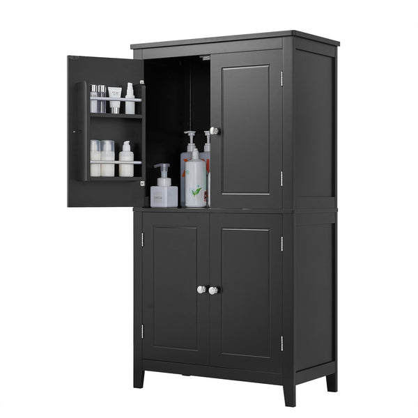 English Elm Elegant Bathroom Floor Storage Cabinet with 4 Doors, Adjustable Shelves, Anti-Tip Design, 28"L x 15"W Black N725P188461B