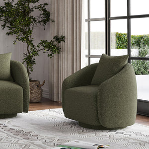 English Elm Swivel Barrel Armchair in Teddy Fabric with Lumbar Pillow and Solid Wood Legs Green T3623P430704