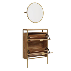 English Elm Wall-mounted Shoe Cabinet with Mirror and Hooks — Space-Saving Tilt-Out Storage, Brown Engineered Wood B356P367815