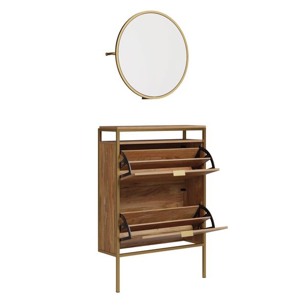English Elm Wall-mounted Shoe Cabinet with Mirror and Hooks — Space-Saving Tilt-Out Storage, Brown Engineered Wood B356P367815