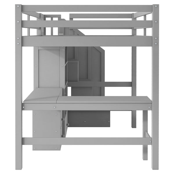 English Elm Full Full Size Loft Bed with L-Shaped Desk, Drawers, Cabinet and Staircase Storage for Space-Saving Rooms Gray GX000469AAE