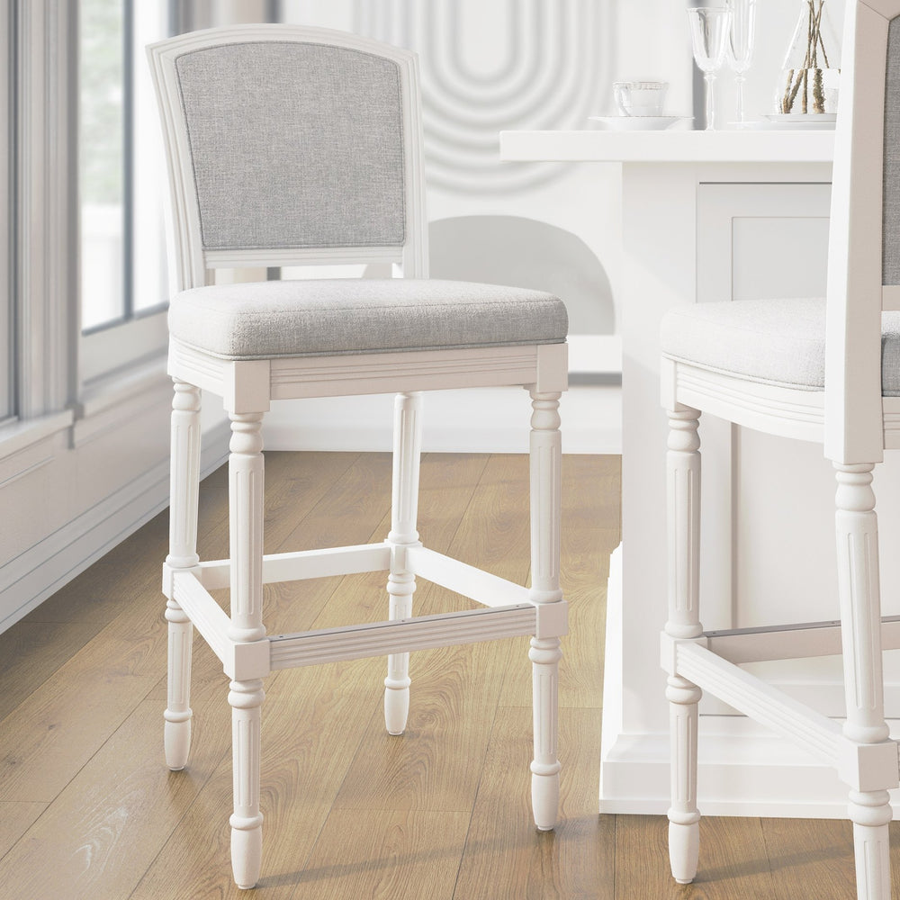 English Elm 31" Turned Leg Bar Stool Woven Polyester Seat and Back for Pub or Kitchen Use White B2751P436453