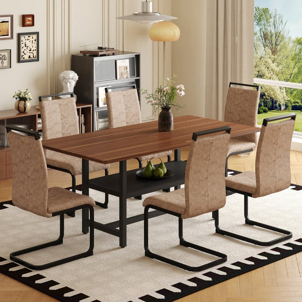 English Elm Table 7-Piece Walnut Grain Dining Set With 6 Brown Chairs, Stylish Storage & Modern Comfort Features W1151S04280-GIGA