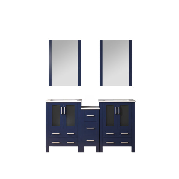 English Elm Navy Double Bath Vanity 60" W X 18.25" D With Side Cabinet, White Ceramic Top & Matching Mirrors B2731S00594