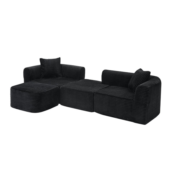 English Elm 114" Cloud Sectional Couch with L-Shape Chaise Modular Corduroy Sofa with Movable Ottoman, No Assembly Required, Plush Comfort for Living Spaces Black W1117P371650