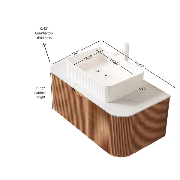English Elm Dina Floating Bathroom Vanity Sintered Stone Top Glass Basin Striped Plywood Cabinet W2615S00443