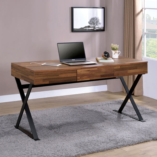 English Elm Industrial Writing Desk with Weathered Wood Top and Metal Frame, Sturdy Modern Laptop Workspace for Home Office Black 65 L x 29 W x 11 H B2741P339704