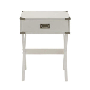 English Elm Side Table featuring Metal Corner Strapping and Flush Mount Drawer Pull for Stylish Accent Décor and Functionality White B016P310488