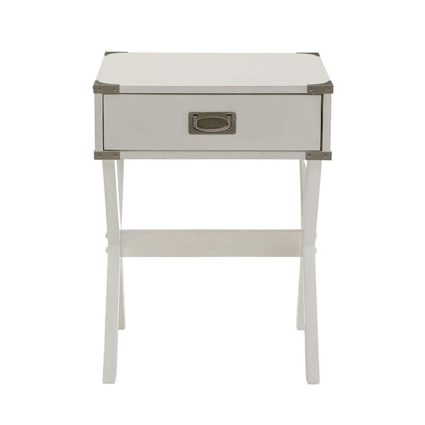 English Elm Side Table featuring Metal Corner Strapping and Flush Mount Drawer Pull for Stylish Accent Décor and Functionality White B016P310488