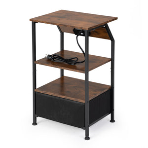 English Elm Rustic Nightstand with Drawer, Shelves, USB Charging & AC Outlets, LED Strip, Remote Control End Table W2181P191357