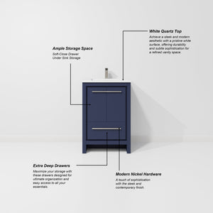 English Elm Navy Wood Bath Vanity 24"W x 20"D with White Quartz Top, Soft-Close Storage & 18" Mirror B2731S01474