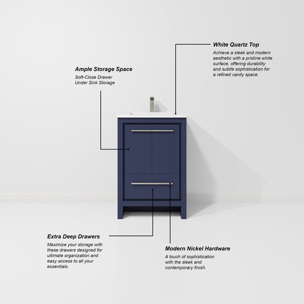 English Elm Navy Wood Bath Vanity 24"W x 20"D with White Quartz Top, Soft-Close Storage & 18" Mirror B2731S01474