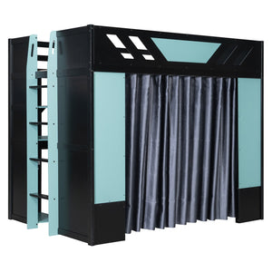English Elm Full Size Loft Bed with Desk Blackout Curtains Rgb Lighting and Integrated Storage Black+Blue LT000377AAC