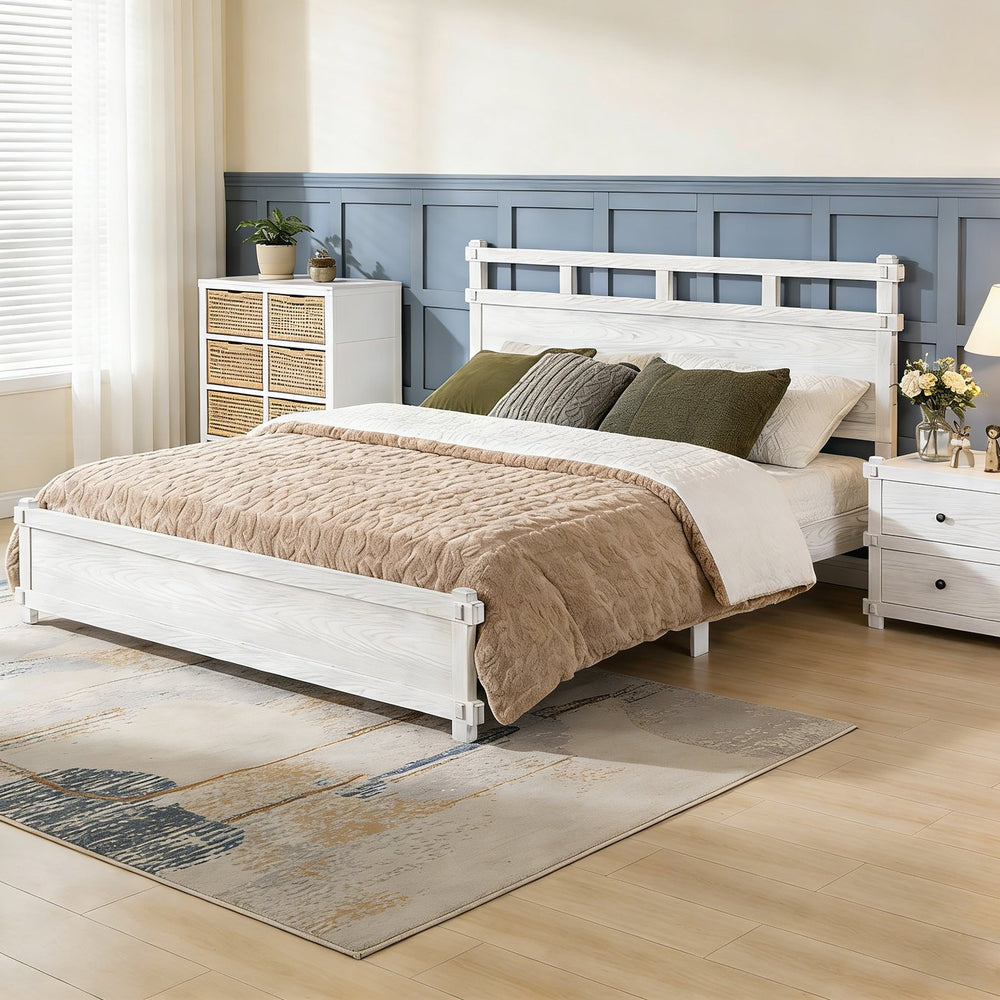 English Elm Queen Farmhouse Platform Bed Antique White Wood Grain Two-tiered Headboard Solid Frame N758P369328W