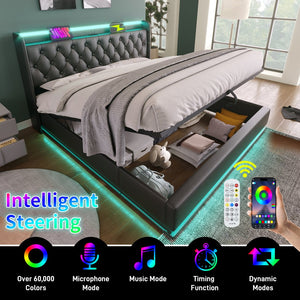 English Elm King Upholstered Bed with Surround LED, App/Remote Control, Hydraulic Storage, USB Type-C Charging Black N736P188808B