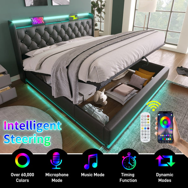 English Elm King Upholstered Bed with Surround LED, App/Remote Control, Hydraulic Storage, USB Type-C Charging Black N736P188808B