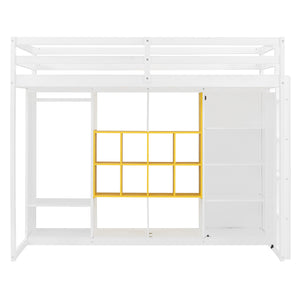 English Elm Twin Loft Bed with Wardrobe Shelves and Cabinet Kids Bedroom Wood Storage Frame Yellow+White N708S00023K