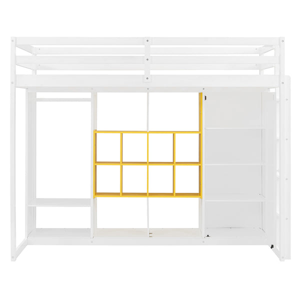 English Elm Twin Loft Bed with Wardrobe Shelves and Cabinet Kids Bedroom Wood Storage Frame Yellow+White N708S00023K