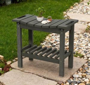 English Elm Shower Bench with Two Tier Storage Shelf Hdpe Wood Grain Finish for Bath or Poolside Dark Gray T3971P417793