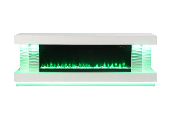 English Elm Contemporary TV Stand with Built-In Electric Fireplace, Heater, Glass Shelves & Modern Mixed-Material Finish White 75 L x 20 W x 31 H B2741P398850